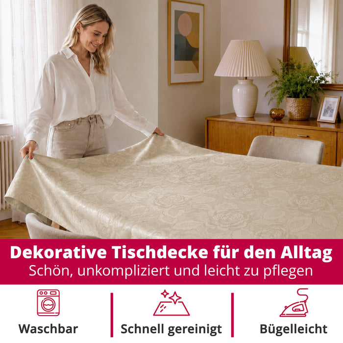 DecoHomeTextil Retro Tischdecke Rosalia mit feinem Rosenmuster – Für eine warme, elegante Tischatmosphäre