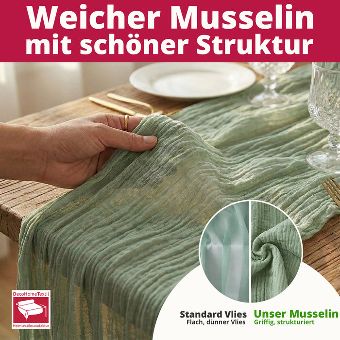 DecoHomeTextil Musselin Tischläufer 80 x 300 cm Weicher Gaze Stoff mit Faltenoptik für Hochzeit, Geburtstag, Party & stilvolle Tischdekoration Boho