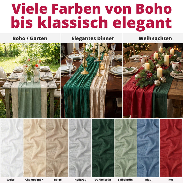 DecoHomeTextil Musselin Tischläufer 80 x 300 cm Weicher Gaze Stoff mit Faltenoptik für Hochzeit, Geburtstag, Party & stilvolle Tischdekoration Boho