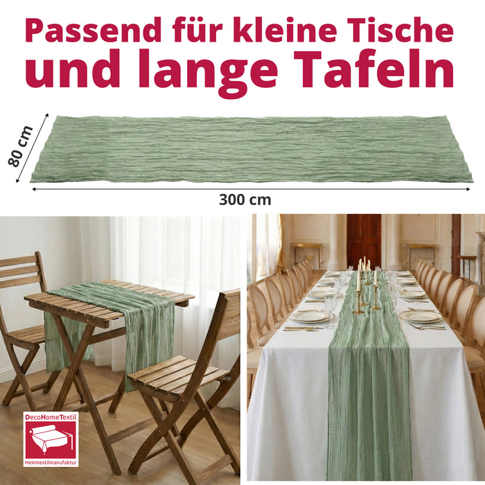 DecoHomeTextil Musselin Tischläufer 80 x 300 cm Weicher Gaze Stoff mit Faltenoptik für Hochzeit, Geburtstag, Party & stilvolle Tischdekoration Boho